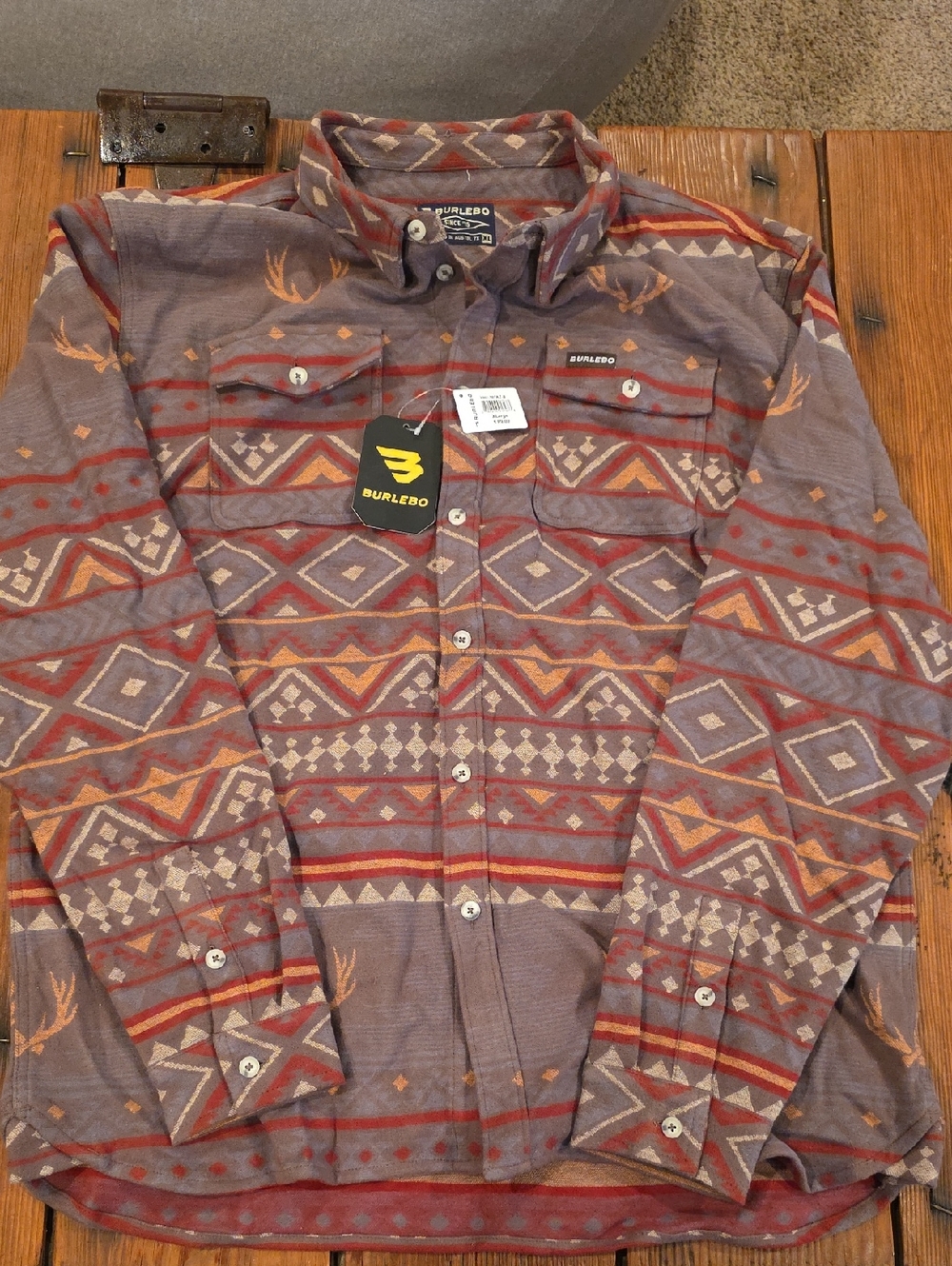 BURLEBO Men's Aztec Pattern Button-Up Shirt Jacket in Brown and Red